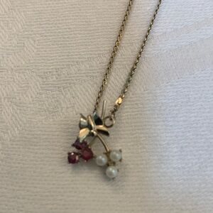 Vintage gold tone and red stones 16" necklace with butterfly